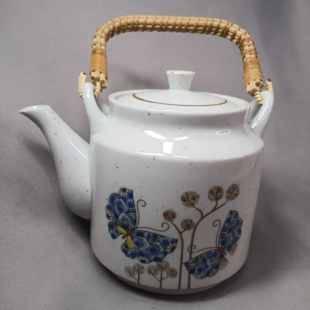 Otagiri Butterfly Tea Pot Ratten Handle Ceramic Vintage MCM Boho Japan